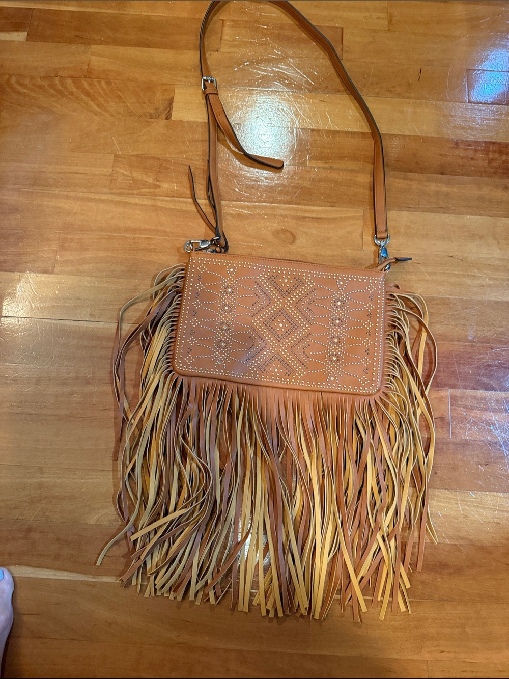 Fringed Tan Crossbody Bag with Studded Flap.  New/Never Carried.
